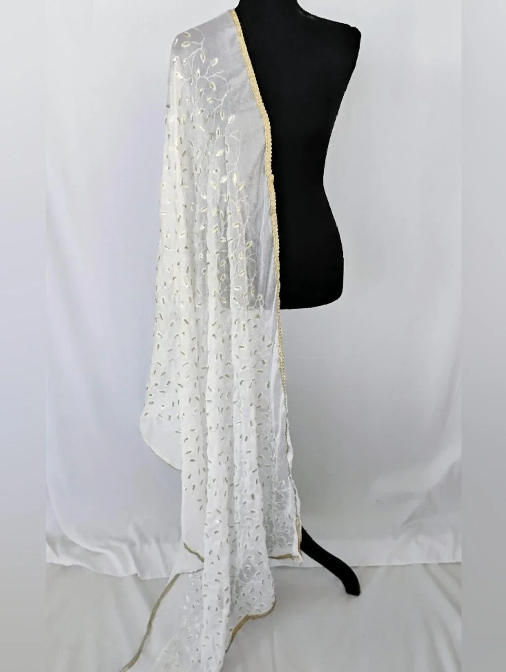 Women's White & Gold Embroidered Chiffon  Scarf / Dupatta